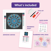 Thumbnail for Blue Floral Mandala 20x20cm diamond painting kit contents: adhesive canvas, color chart, tools and diamond bags