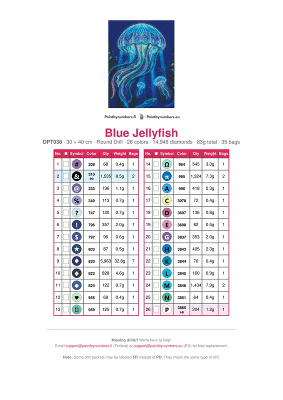 Blue Jellyfish diamond painting color chart – 26 DMC colors