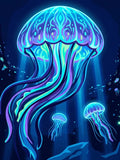 Thumbnail for Diamond painting of neon-colored jellyfish in a deep blue seascape.