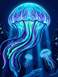 Thumbnail for Diamond painting of neon-colored jellyfish in a deep blue seascape.