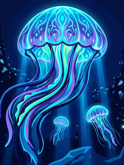 Diamond painting of neon-colored jellyfish in a deep blue seascape.