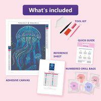Thumbnail for Blue Jellyfish 30x40cm diamond painting kit contents: adhesive canvas, color chart, tools and diamond bags