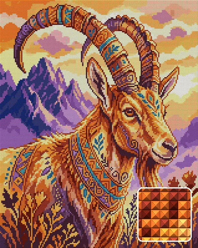 Boho Ibex in Mountain Sunset, 40x50 cm diamond painting – finished design preview with a close-up of square drills