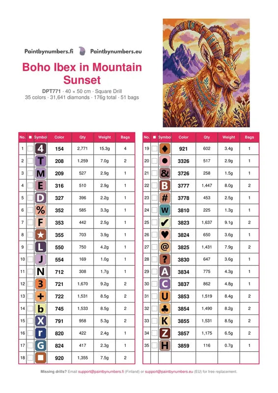 DMC color chart for Boho Ibex in Mountain Sunset diamond painting - 35 colors
