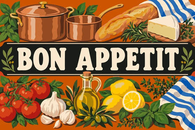 French kitchen scene with baguette, cheese, and tomatoes paint by numbers.