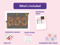 Thumbnail for What is included in the BOO Lettering in Autumn Harvest diamond painting kit - adhesive canvas, reference sheet, tools and numbered drill bags