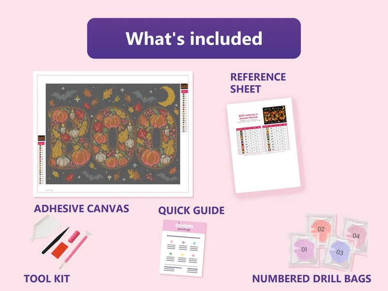 What is included in the BOO Lettering in Autumn Harvest diamond painting kit - adhesive canvas, reference sheet, tools and numbered drill bags