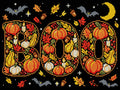 Thumbnail for the word BOO filled with pumpkins and autumn leaves on black, 40x30 cm diamond painting – full design preview