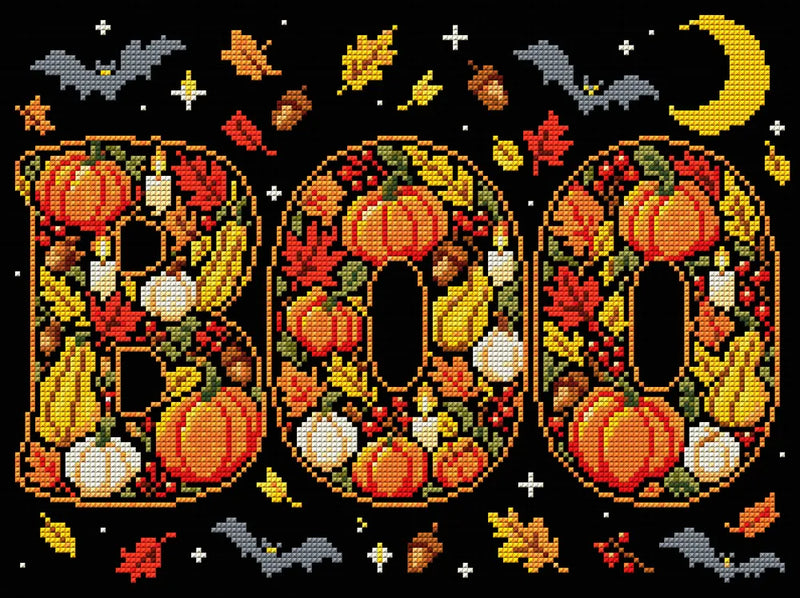 the word BOO filled with pumpkins and autumn leaves on black, 40x30 cm diamond painting – full design preview
