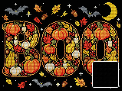 the word BOO filled with pumpkins and autumn leaves on…, 40x30 cm diamond painting – design and close-up of square drills