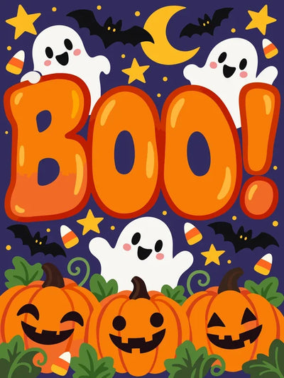 Ghosts, pumpkins and BOO text Halloween themed paint by numbers.