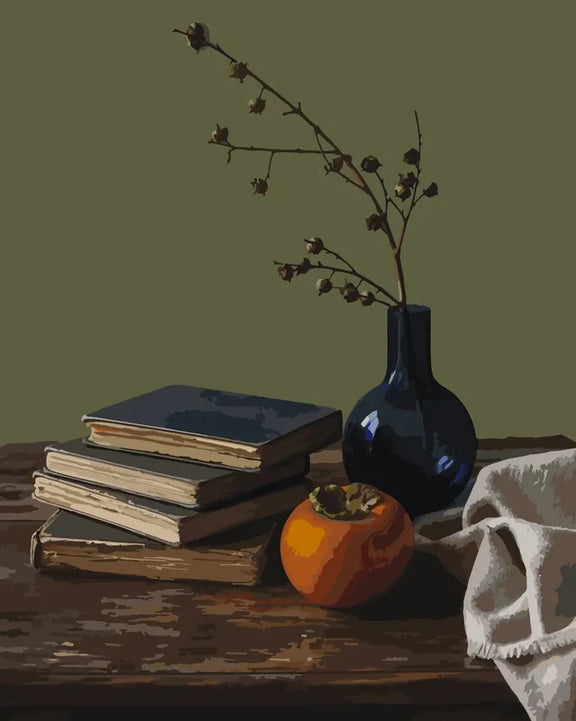 Books, blue vase and persimmon paint by numbers.