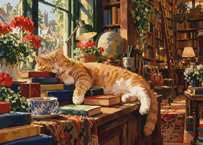 Orange cat lying on books in a library paint by numbers.