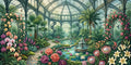 Thumbnail for Diamond Painting of a Victorian glasshouse filled with lush flowers and palm trees.
