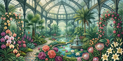 Diamond Painting of a Victorian glasshouse filled with lush flowers and palm trees.