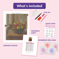 Thumbnail for Bowl of Fruit 40x50cm diamond painting kit contents: adhesive canvas, color chart, tools and diamond bags