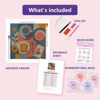 Thumbnail for What is included in the Breakfast Flat Lay diamond painting kit - adhesive canvas, reference sheet, tools and numbered drill bags