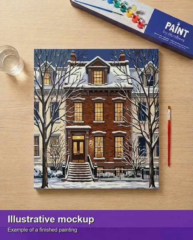 Illustration of the completed paint by numbers - Brick House in Winter 50x50cm