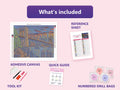 Thumbnail for What is included in the Brooklyn Bridge Indigo Passage diamond painting kit - adhesive canvas, reference sheet, tools and numbered drill bags