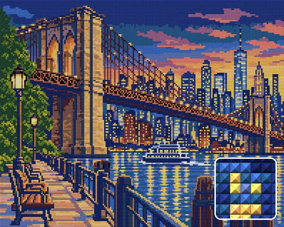 Brooklyn Bridge Indigo Passage, 50x40 cm diamond painting – finished design preview with a close-up of square drills