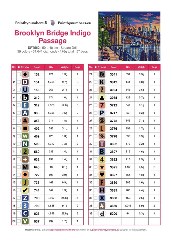 DMC color chart for Brooklyn Bridge Indigo Passage diamond painting - 39 colors