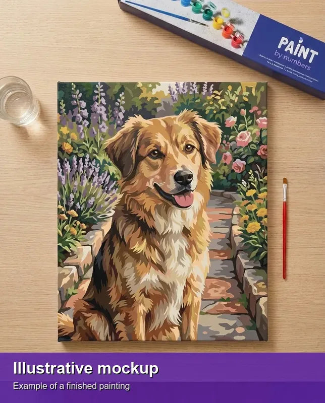 Finished paint by numbers mockup - Brown Dog in Garden 40x50cm