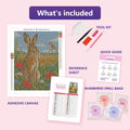 Thumbnail for What is included in the Brown Hare in the Summer Meadow diamond painting kit - adhesive canvas, reference sheet, tools and numbered drill bags