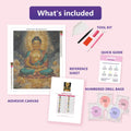 Thumbnail for Buddha and Lotus 40x50cm diamond painting kit contents: adhesive canvas, color chart, tools and diamond bags