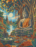 Miniatyrbild: Förhandsbild: buddhastaty under ett stort träd med tempelruiner, näckrosor och fullmåne
