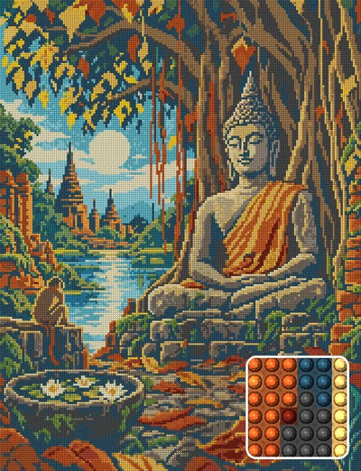 Buddha under the Banyan, 50x65 cm diamond painting – finished design preview with a close-up of round drills