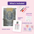 Thumbnail for Buddha Waterfall 40x60cm diamond painting kit contents: adhesive canvas, color chart, tools and diamond bags