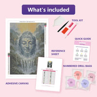 Thumbnail for Buddha Waterfall 40x60cm diamond painting kit contents: adhesive canvas, color chart, tools and diamond bags