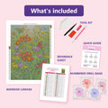 Thumbnail for What is included in the Butterflies and Wildflowers Meadow diamond painting kit - adhesive canvas, reference sheet, tools and numbered drill bags
