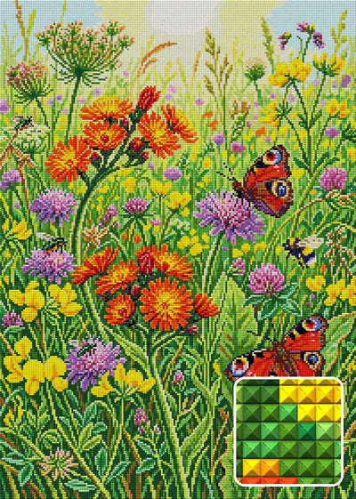 Butterflies and Wildflowers Meadow, 50x70 cm diamond painting – finished design preview with a close-up of square drills