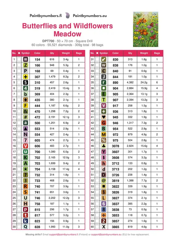 DMC color chart for Butterflies and Wildflowers Meadow diamond painting - 60 colors