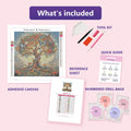 Thumbnail for Butterfly Tree 30x30cm diamond painting kit contents: adhesive canvas, color chart, tools and diamond bags