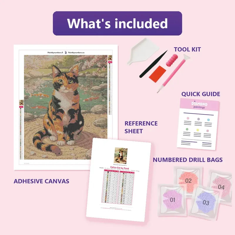 Calico Cat by Pond 40x50cm diamond painting kit contents: adhesive canvas, color chart, tools and diamond bags