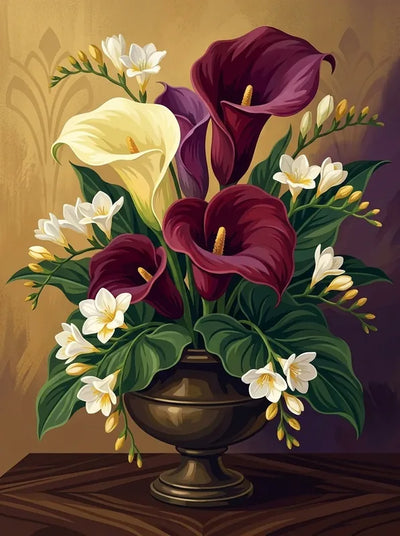 Diamond Painting floral arrangement with burgundy and white calla lilies in a vase.