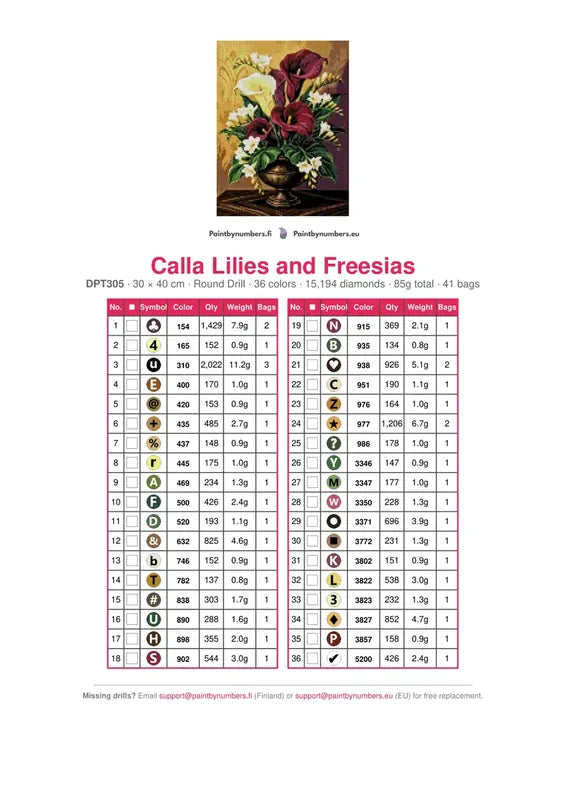DMC color chart for Calla Lilies and Freesias diamond painting - 36 colors