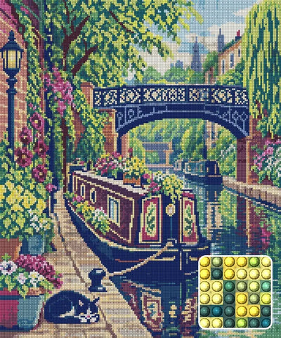 Camden Canal Flower Boat, 50x60 cm diamond painting – finished design preview with a close-up of round drills