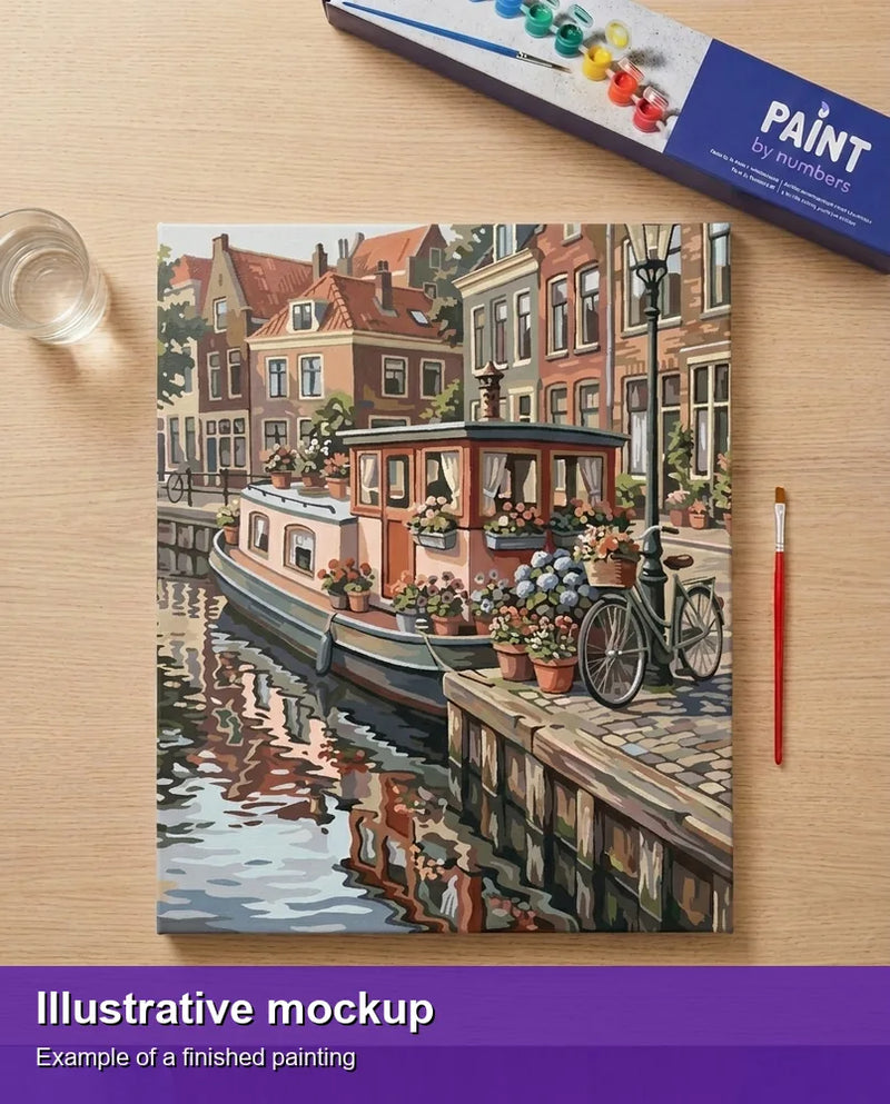 Illustration of the finished paint by numbers - Canal Boat and Bicycle 40x50cm