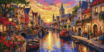 The canal bridge and colorful houses at sunset Paint By Numbers
