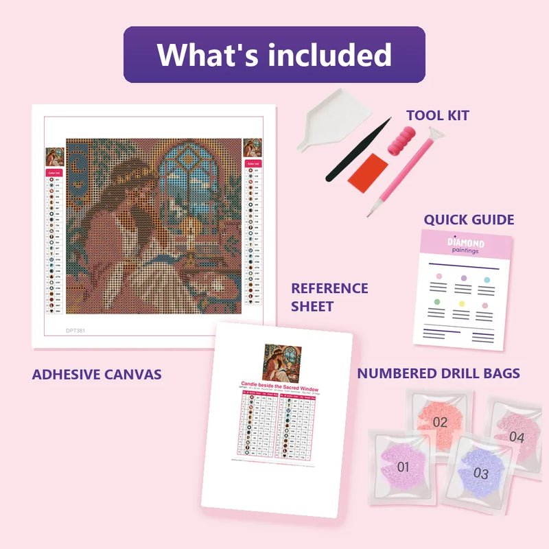 What is included in the Candle beside the Sacred Window diamond painting kit - adhesive canvas, reference sheet, tools and numbered drill bags