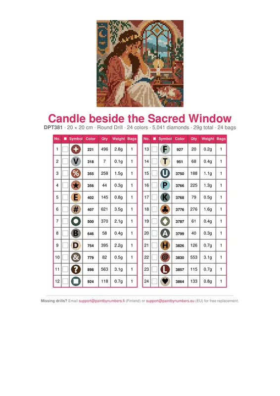 DMC color chart for Candle beside the Sacred Window diamond painting - 24 colors