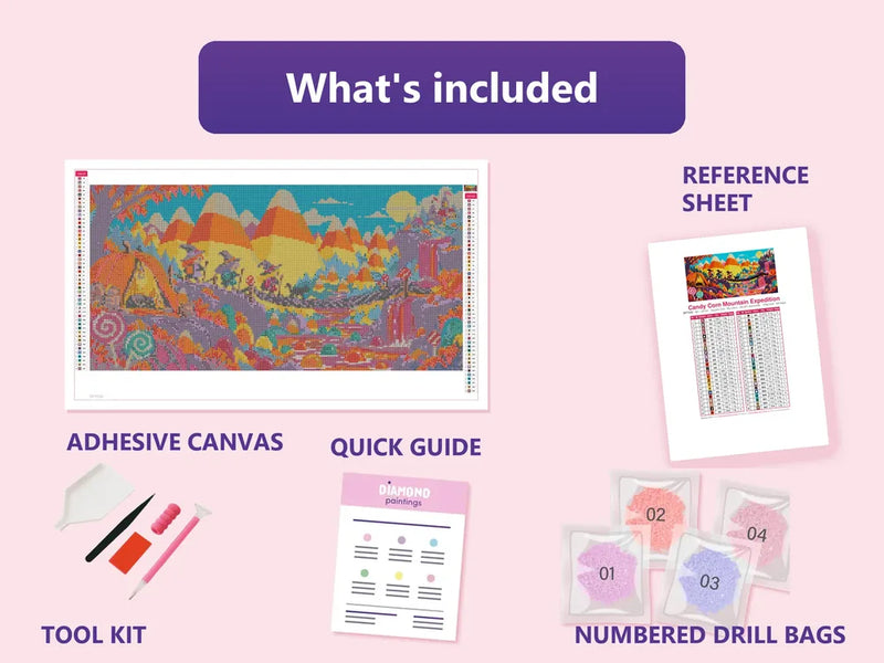 What is included in the Candy Corn Mountain Expedition diamond painting kit - adhesive canvas, reference sheet, tools and numbered drill bags