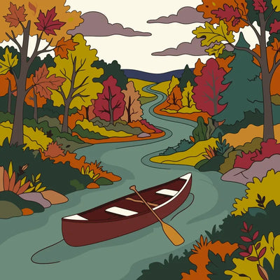 Canoe on autumn river paint by numbers. Colorful trees, winding river.