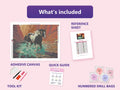 Thumbnail for Canyon Run 80x60cm diamond painting kit contents: adhesive canvas, color chart, tools and diamond bags