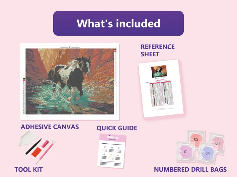 Canyon Run 80x60cm diamond painting kit contents: adhesive canvas, color chart, tools and diamond bags