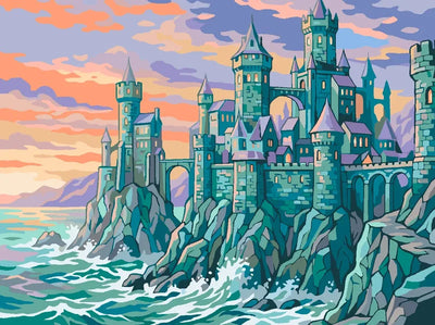 Castle on rocky coastline with ocean waves paint by numbers.