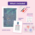Thumbnail for Castle Under Aurora 40x60cm diamond painting kit contents: adhesive canvas, color chart, tools and diamond bags